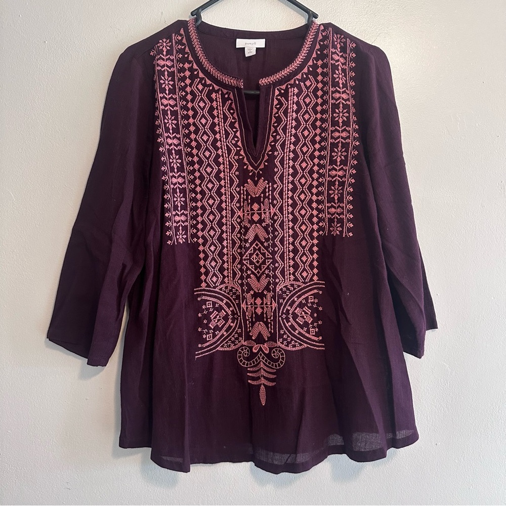 Women's Boho Embroidered Tunic - Pink on Plum